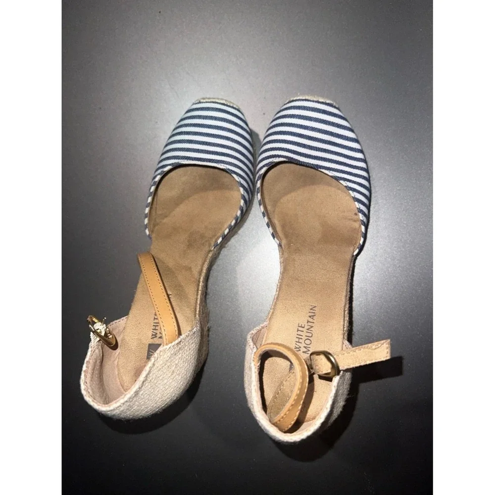 White Mountain Womens Blue White Striped Espadrille Wedge Sandals Ankle Strap